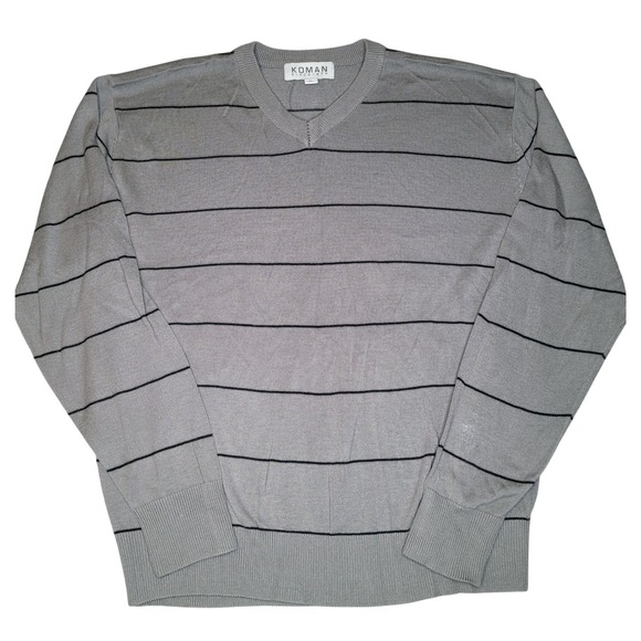 Koman Other - Koman Sweater Mens XL‎ Gray Striped V-Neck Long Sleeve Acrylic Pullover